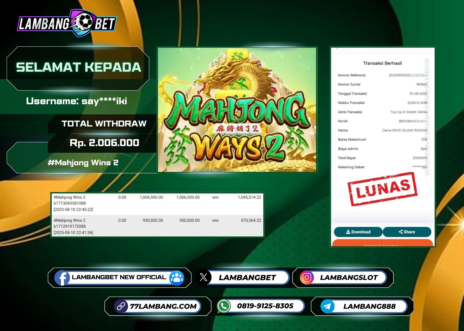 LAMBANGBET [10 AUGUST 2025] JACKPOT SLOT Mahjong Wins 2 "Rp2.006.000" LUNAS